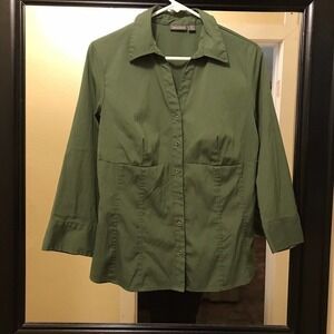 Apt 9 Blouse SzM Stretch Button Up Cuffs Collar Olive Green Color Pre-Owned